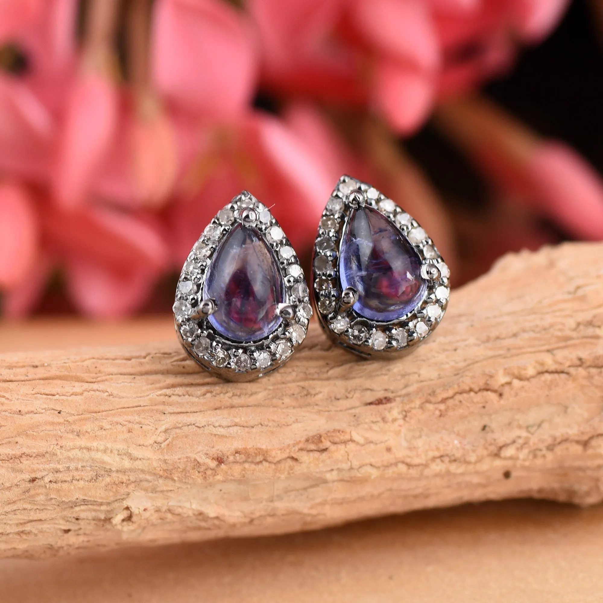 Silver Blue Iolite Halo Studs Earrings With Diamonds