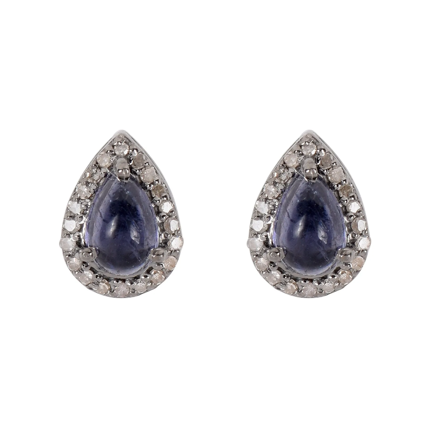 Silver Blue Iolite Halo Studs Earrings With Diamonds