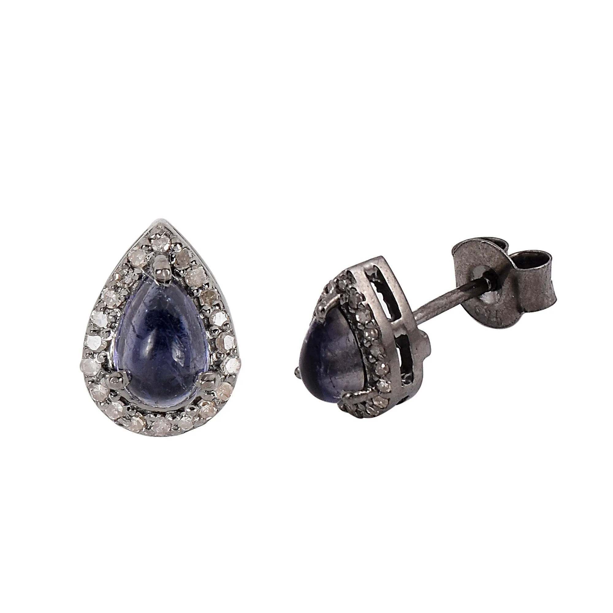 Silver Blue Iolite Halo Studs Earrings With Diamonds