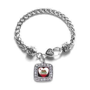 Silver California Heart Flag Square Charm Braided Bracelet