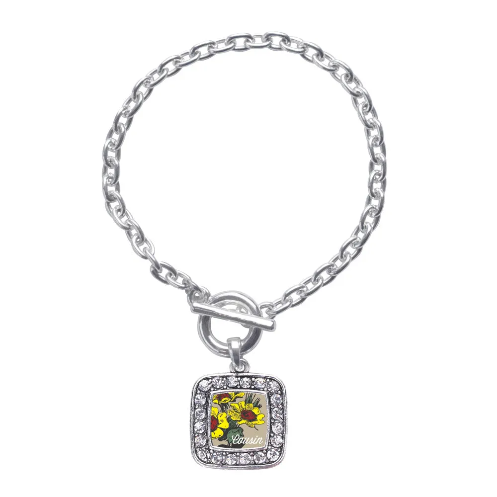 Silver Cousin Coreopsis Flower Square Charm Toggle Bracelet