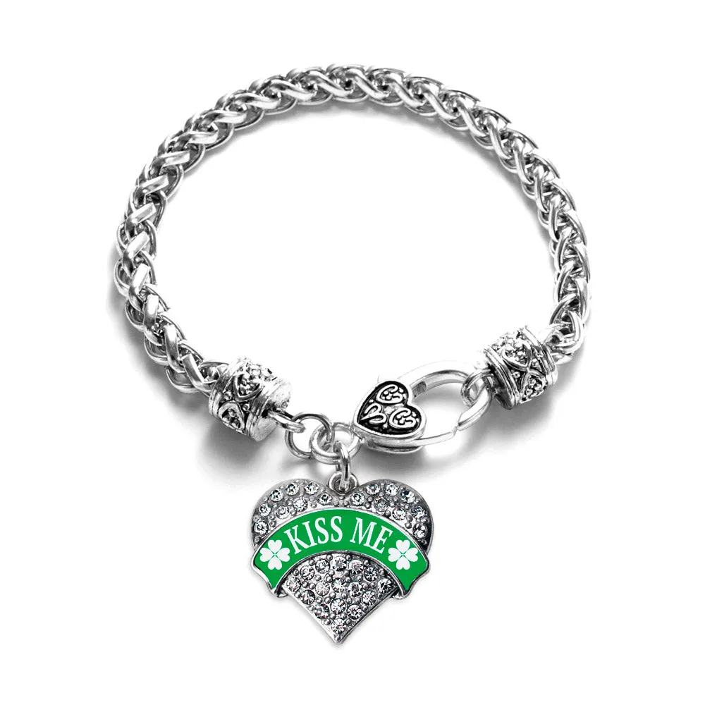 Silver Green Kiss Me Pave Heart Charm Braided Bracelet