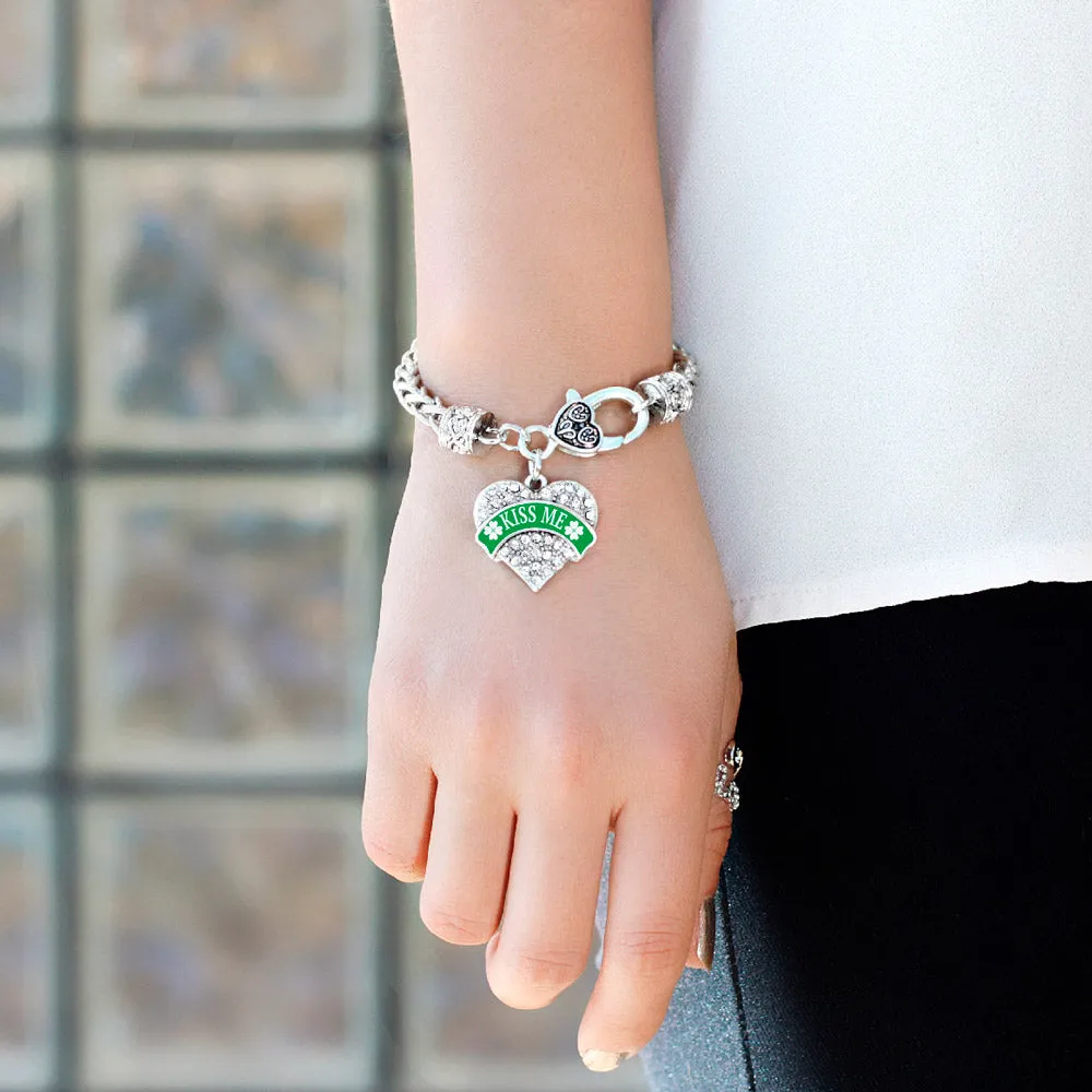 Silver Green Kiss Me Pave Heart Charm Braided Bracelet