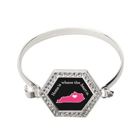 Silver Kentucky State Heart Hexagon Charm Bangle Bracelet