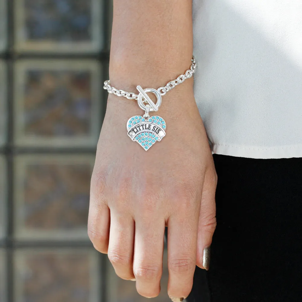 Silver Little Sis Aqua Aqua Pave Heart Charm Toggle Bracelet