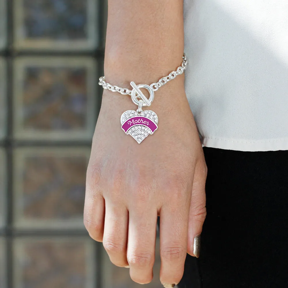 Silver Magenta Mother Pave Heart Charm Toggle Bracelet