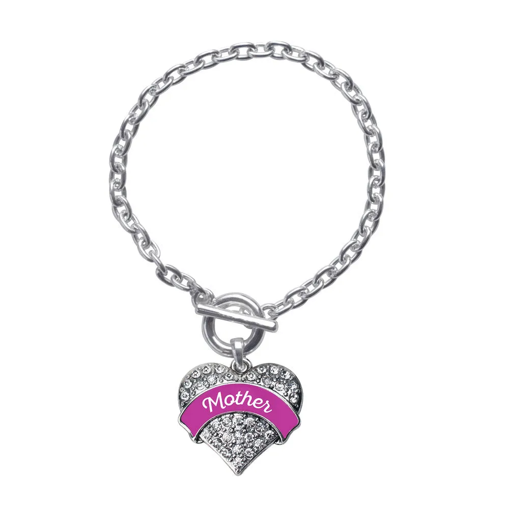 Silver Magenta Mother Pave Heart Charm Toggle Bracelet