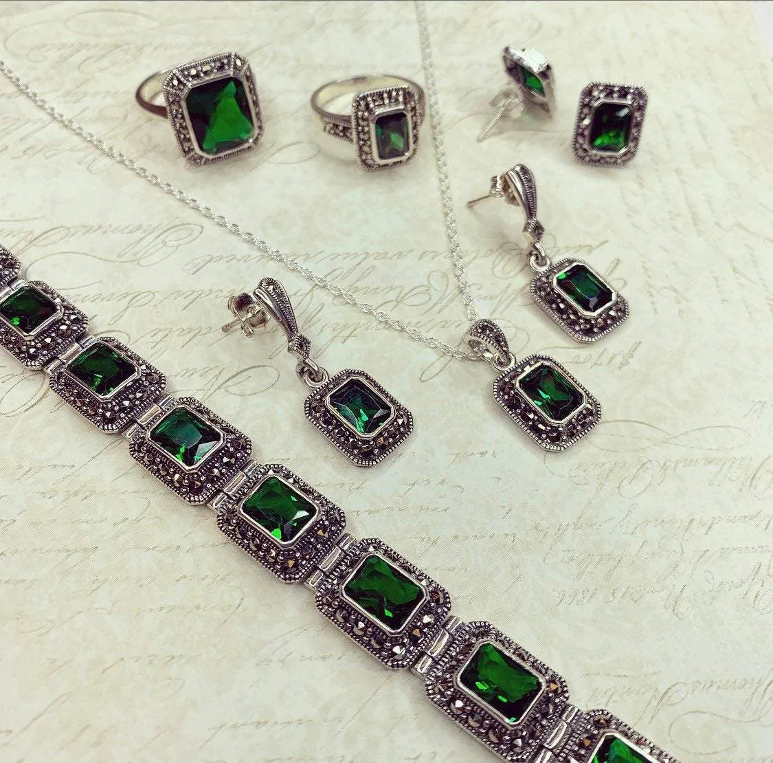 Silver Marcasite Emerald Earrings Square Green Crystal