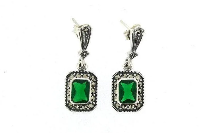 Silver Marcasite Emerald Earrings Square Green Crystal