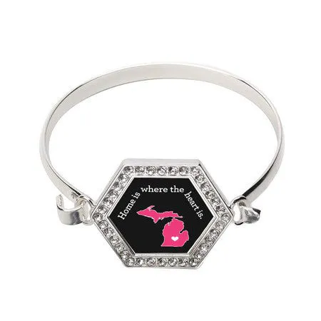 Silver Michigan State Heart Hexagon Charm Bangle Bracelet