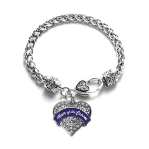 Silver Navy Blue Mom of the Groom Pave Heart Charm Braided Bracelet