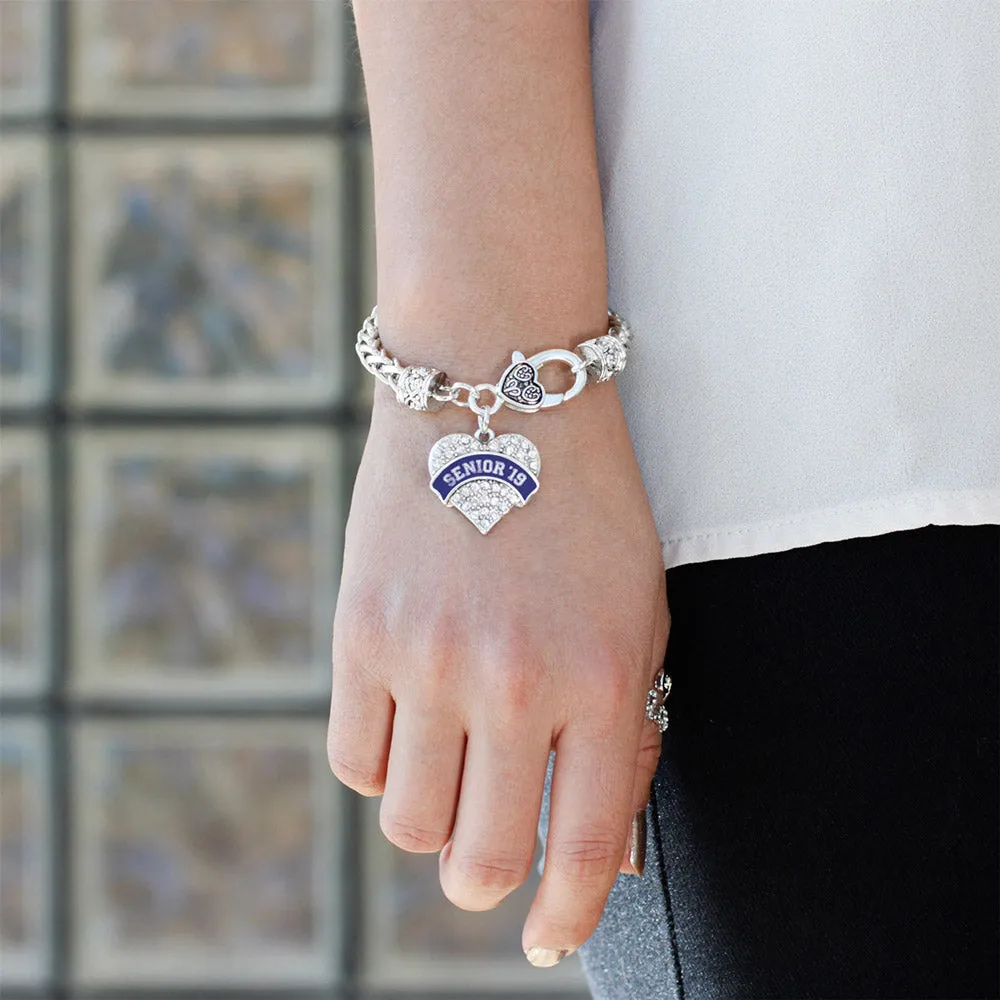 Silver Navy Blue Senior 2019 Pave Heart Charm Braided Bracelet