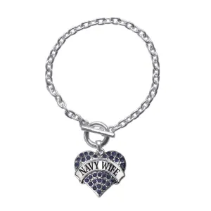 Silver Navy Wife Blue Pave Heart Charm Toggle Bracelet