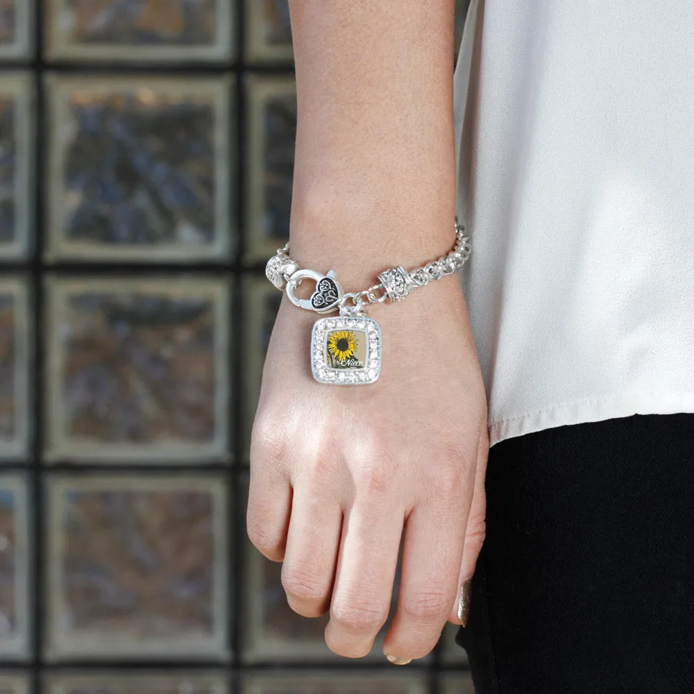 Silver Niece Sunflower Square Charm Braided Bracelet