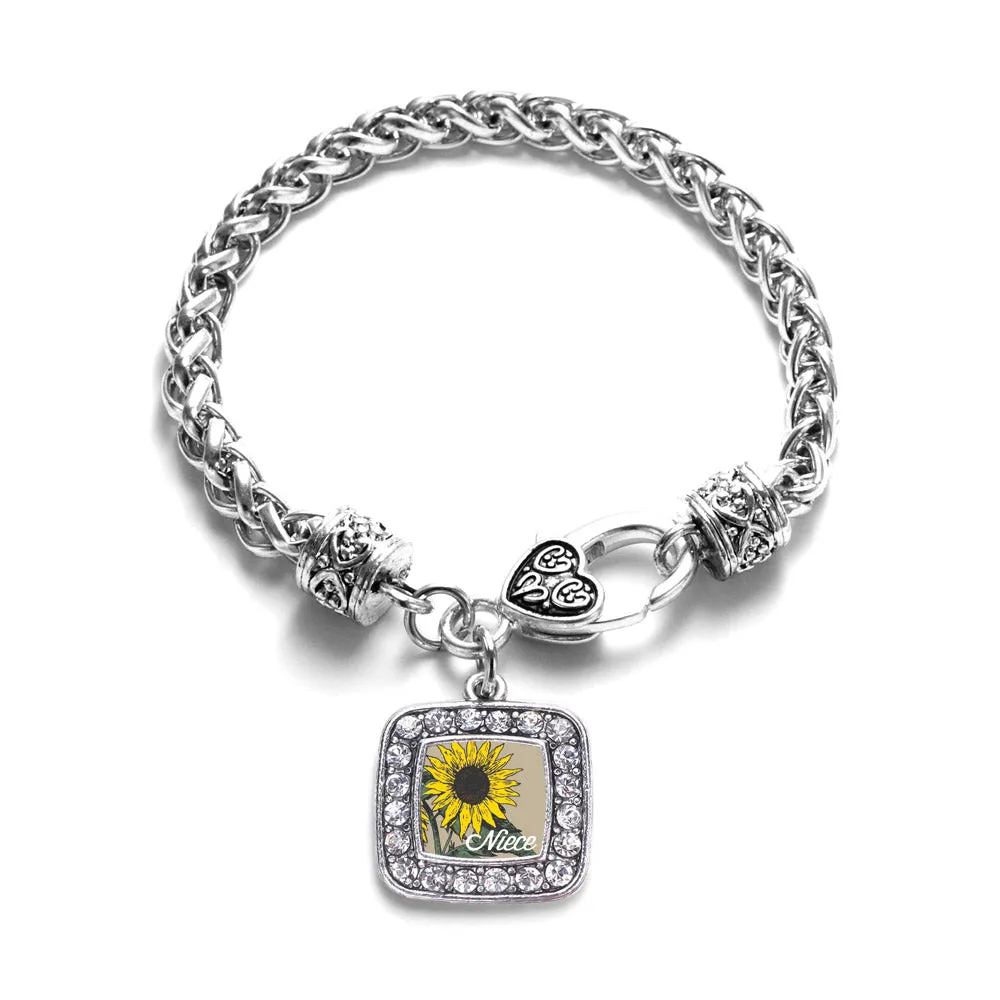 Silver Niece Sunflower Square Charm Braided Bracelet