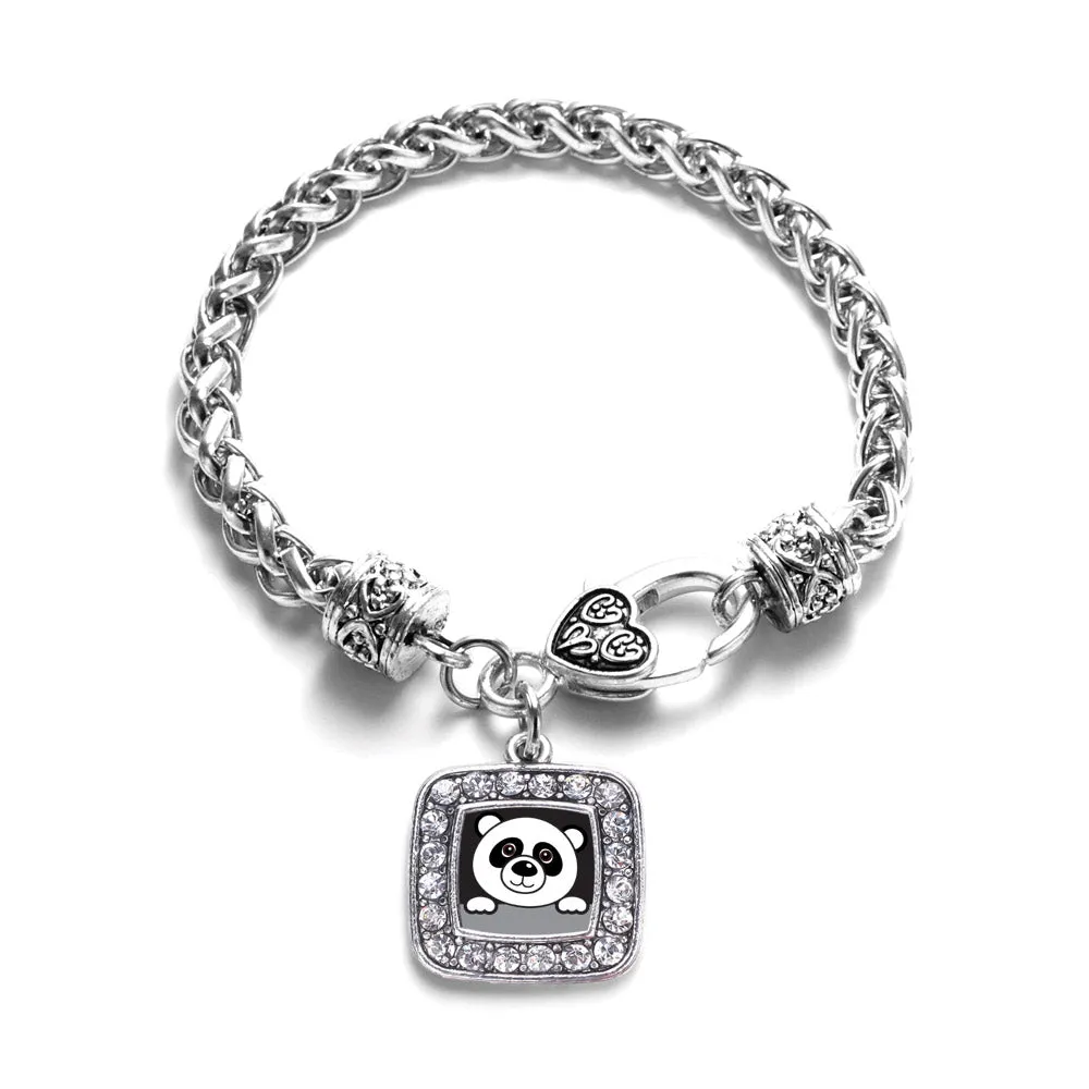 Silver Peeking Panda Square Charm Braided Bracelet