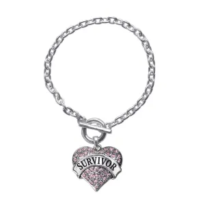 Silver Pink Survivor Pink Pave Heart Charm Toggle Bracelet