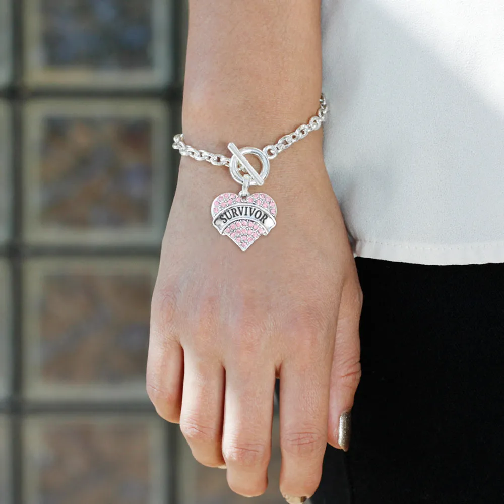 Silver Pink Survivor Pink Pave Heart Charm Toggle Bracelet