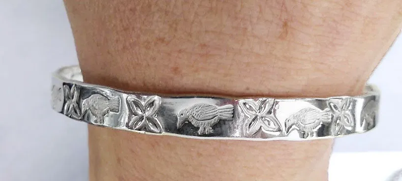 Silver Plated Flower & Bird Design Bangle Bracelet