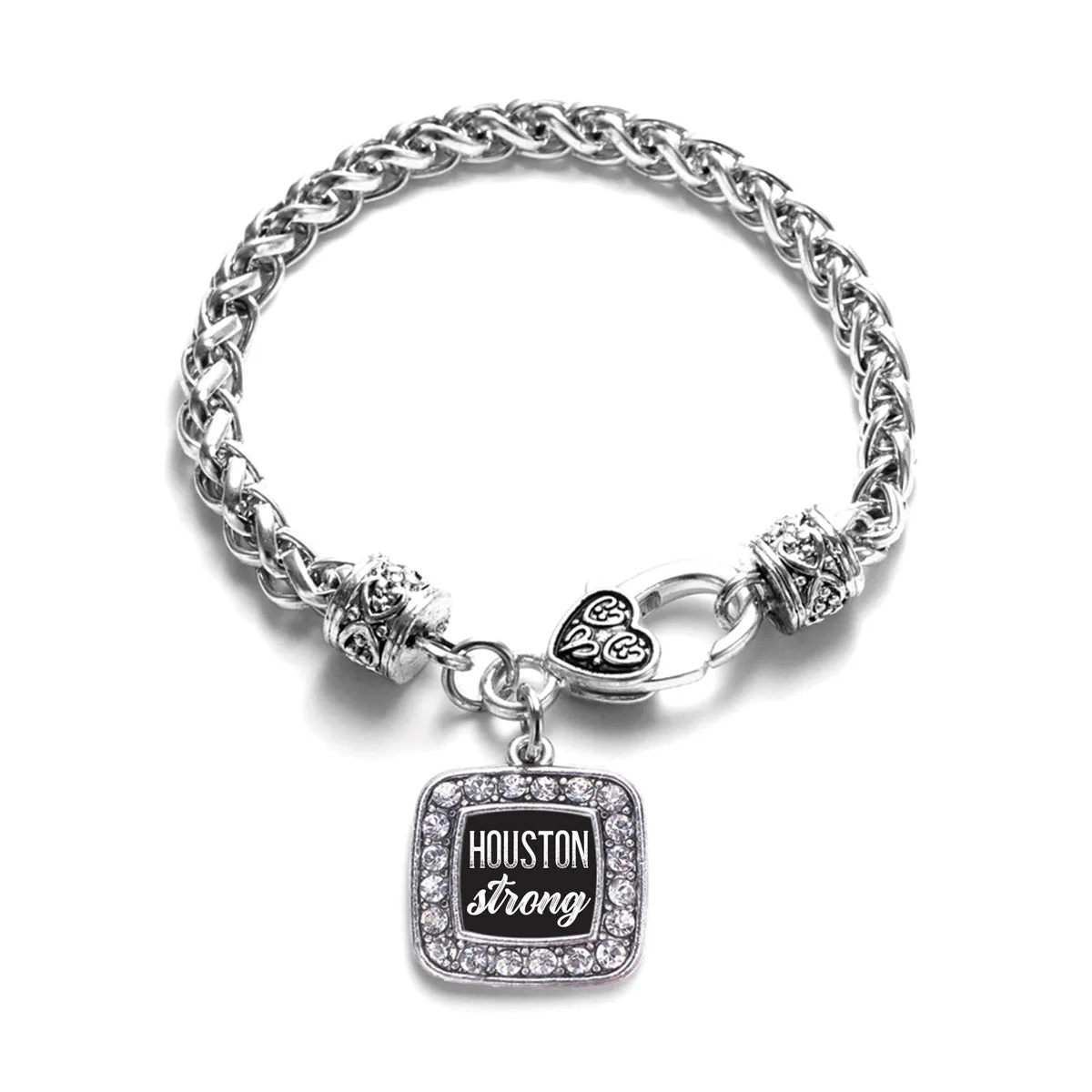 Silver Script Houston Strong Square Charm Braided Bracelet