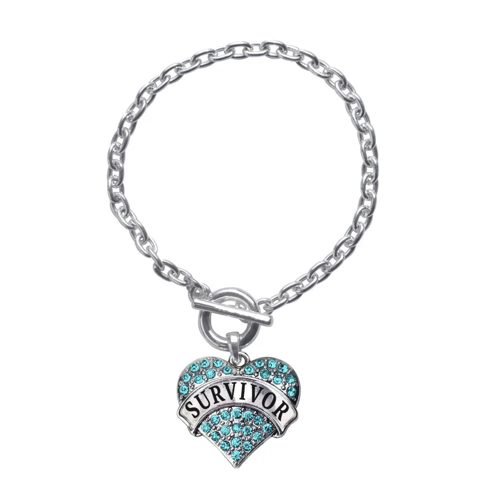 Silver Teal Survivor Aqua Pave Heart Charm Toggle Bracelet