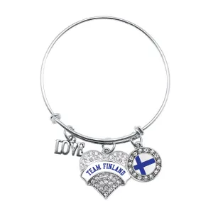 Silver Team Finland Pave Heart Charm Wire Bangle Bracelet