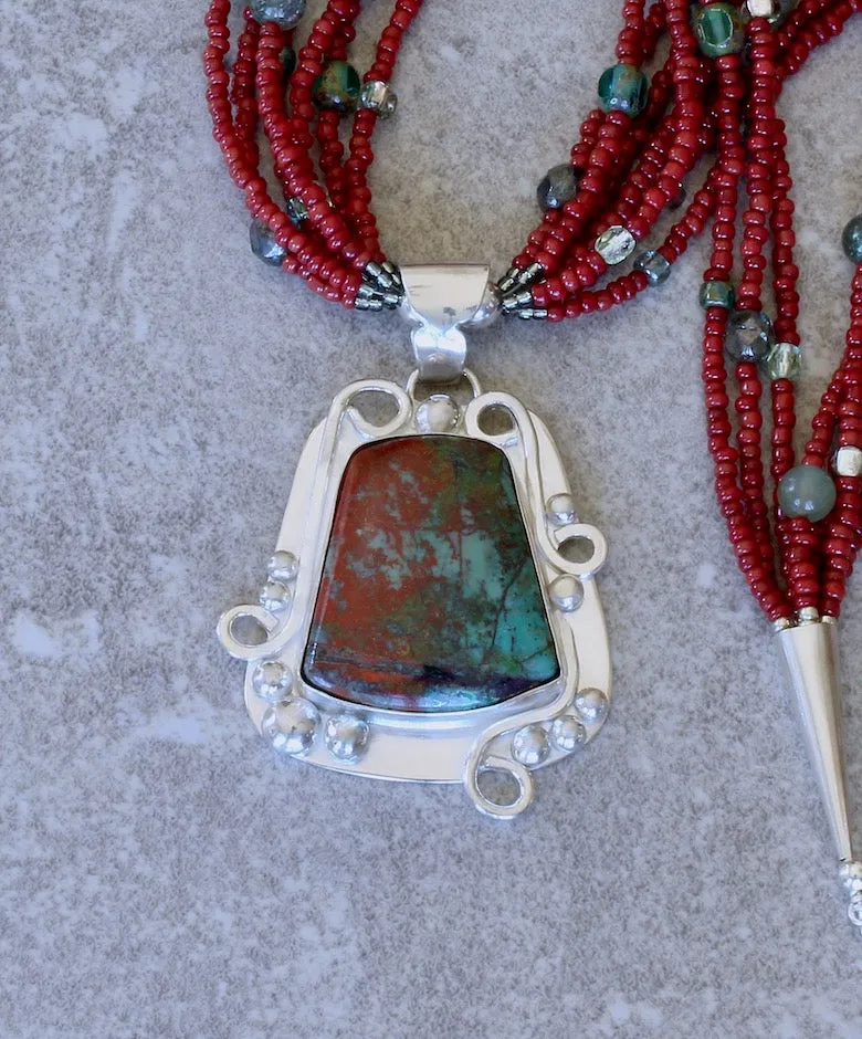 Sonora Sunset and Sterling Silver Pendant with 7 Strands of Red Pote Beads, Aventurine & Green Rutilated Quartz Rounds, Czech Glass and Sterling Silver