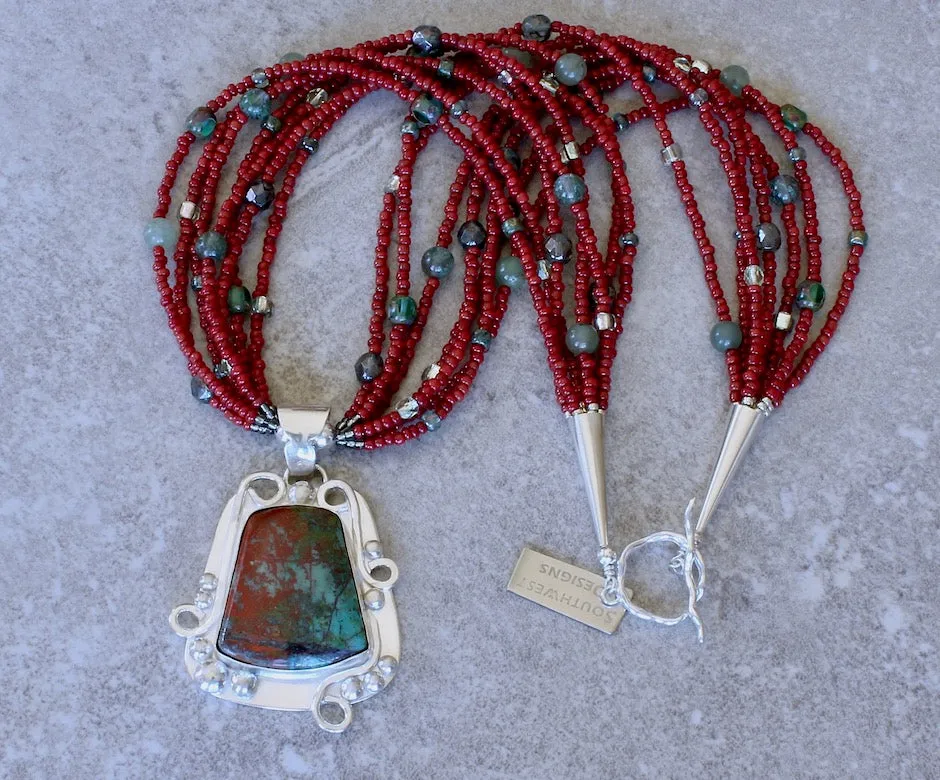 Sonora Sunset and Sterling Silver Pendant with 7 Strands of Red Pote Beads, Aventurine & Green Rutilated Quartz Rounds, Czech Glass and Sterling Silver