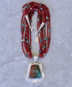 Sonora Sunset and Sterling Silver Pendant with 7 Strands of Red Pote Beads, Aventurine & Green Rutilated Quartz Rounds, Czech Glass and Sterling Silver