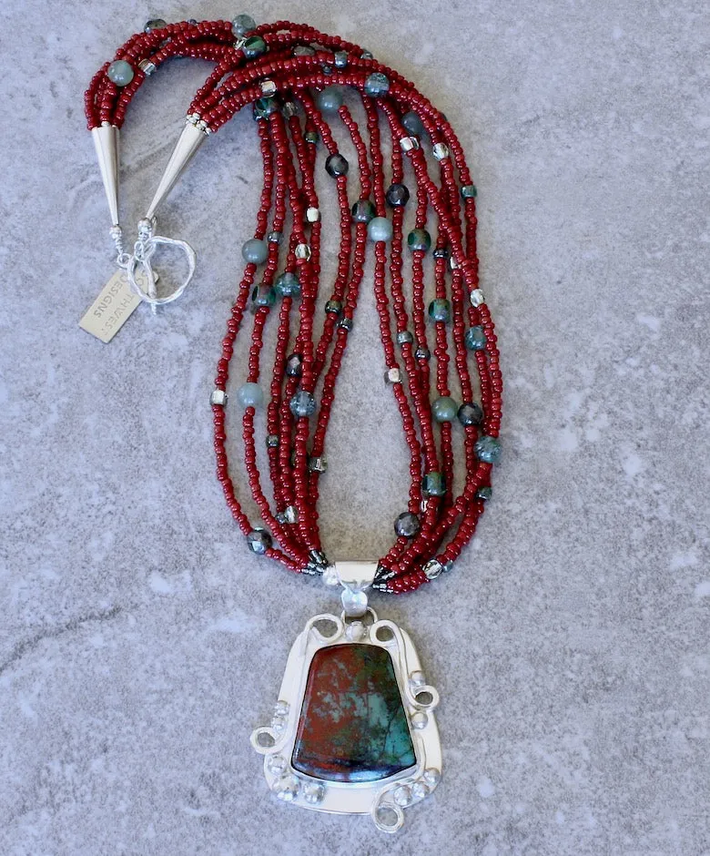 Sonora Sunset and Sterling Silver Pendant with 7 Strands of Red Pote Beads, Aventurine & Green Rutilated Quartz Rounds, Czech Glass and Sterling Silver