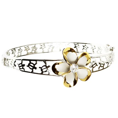 Sterling Silver Hawaiian Plumeria Honu(Turtle) Bangle