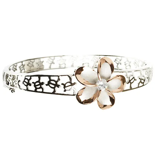 Sterling Silver Hawaiian Plumeria Honu(Turtle) Bangle