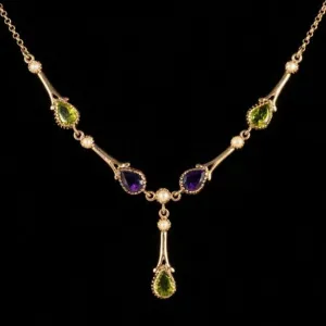 Suffragette Necklace Peridot Amethyst Pearl 9Ct Yellow Gold