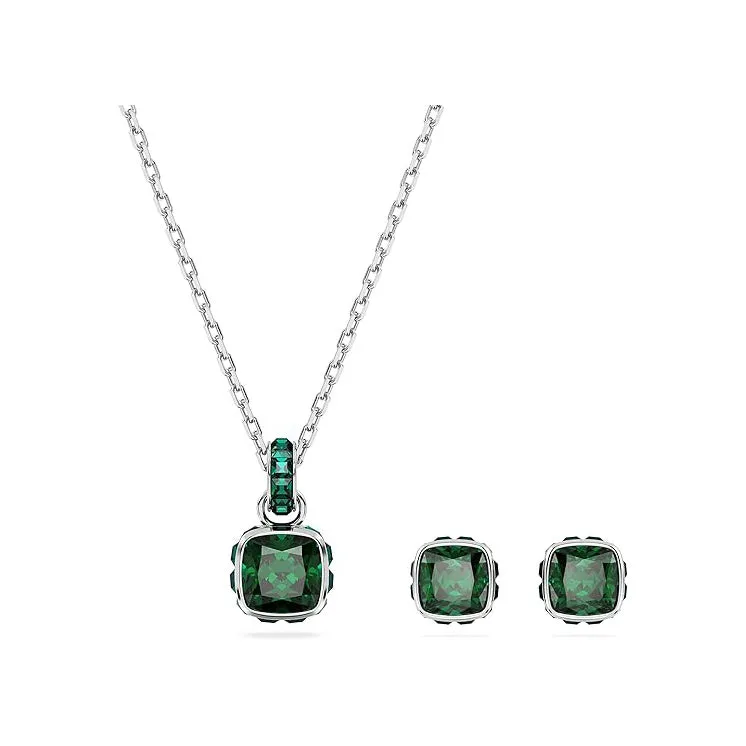 Swarovski Women's Green Square-Cut Stone and Crystals in a Rhodium-Finished Setting August Birthstone Pendant Necklace - 5651706