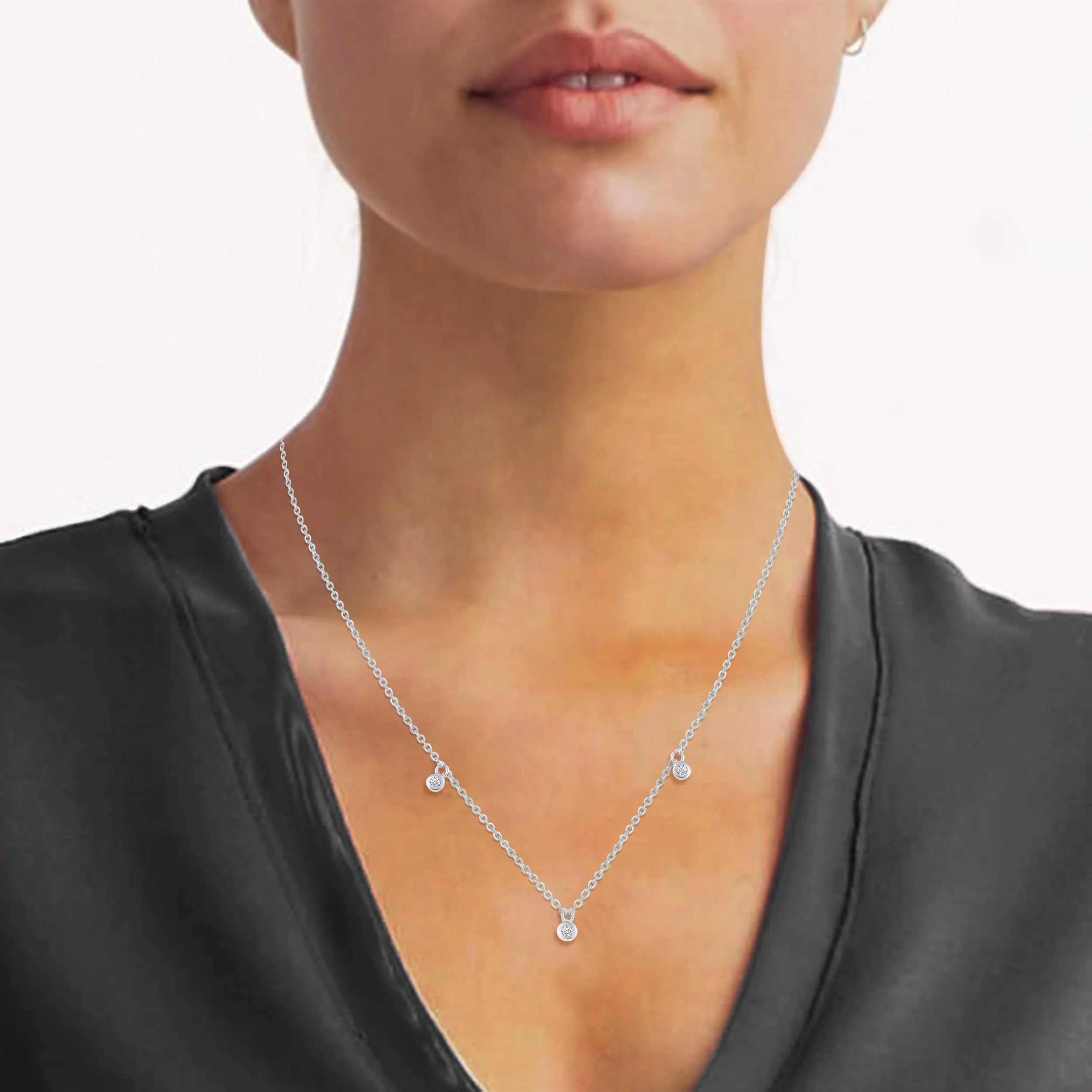 Three Stone Stations 1/20 Cttw Natural Diamond Pendant Necklace set in 925 Sterling Silver