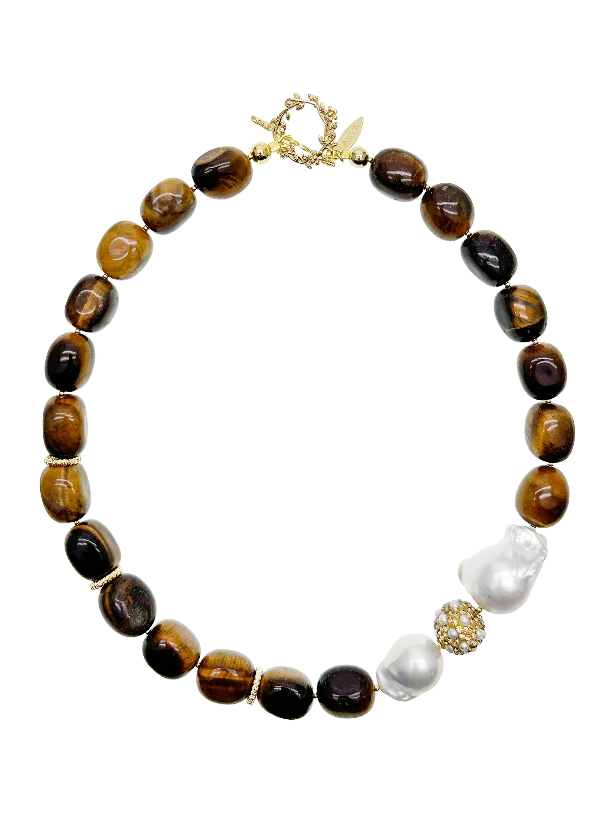 Tiger-eye With Baroque Pearls Statement Necklace KN037