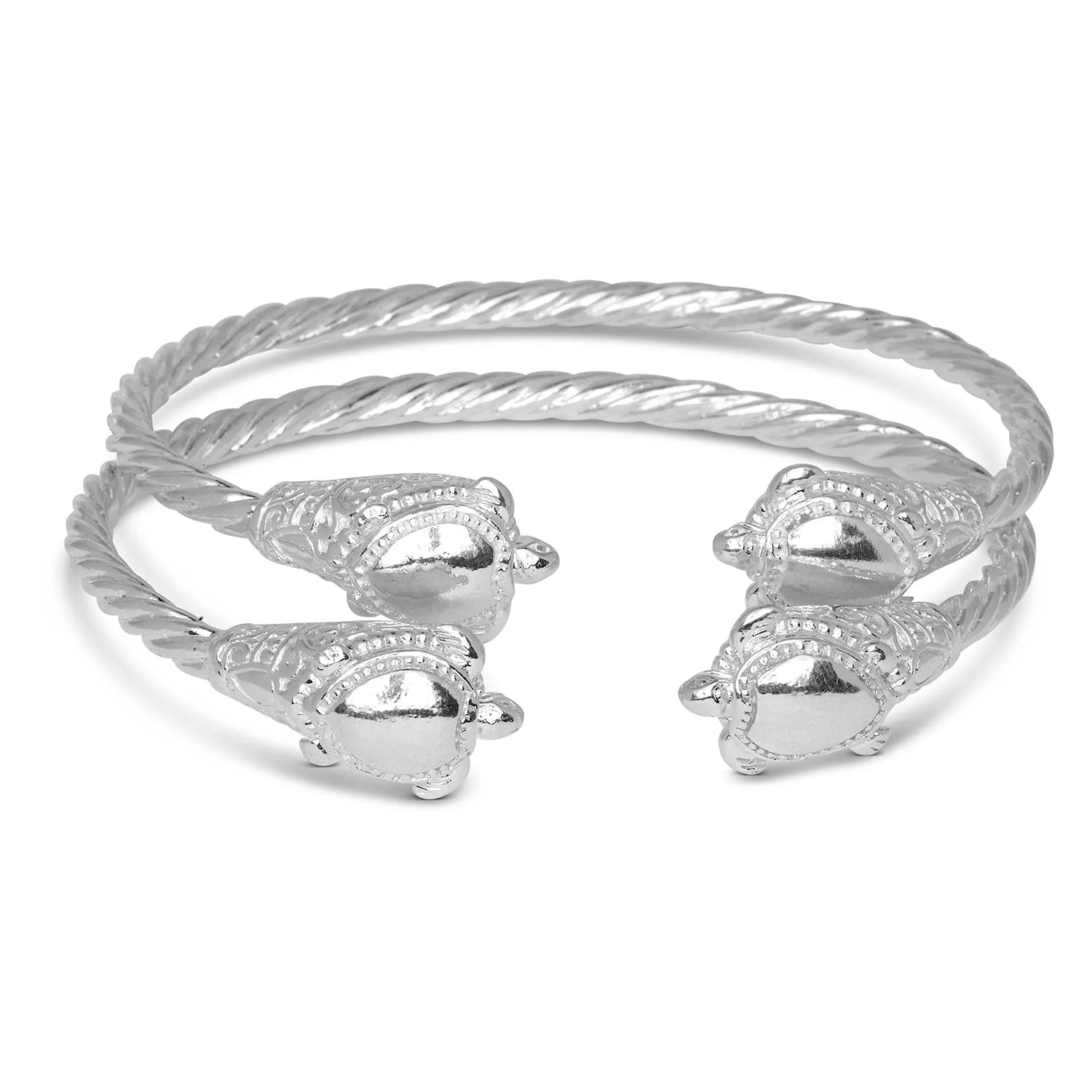 Turtle Ends Coiled Rope 925 Sterling Silver West Indian Bangles, 1 pair