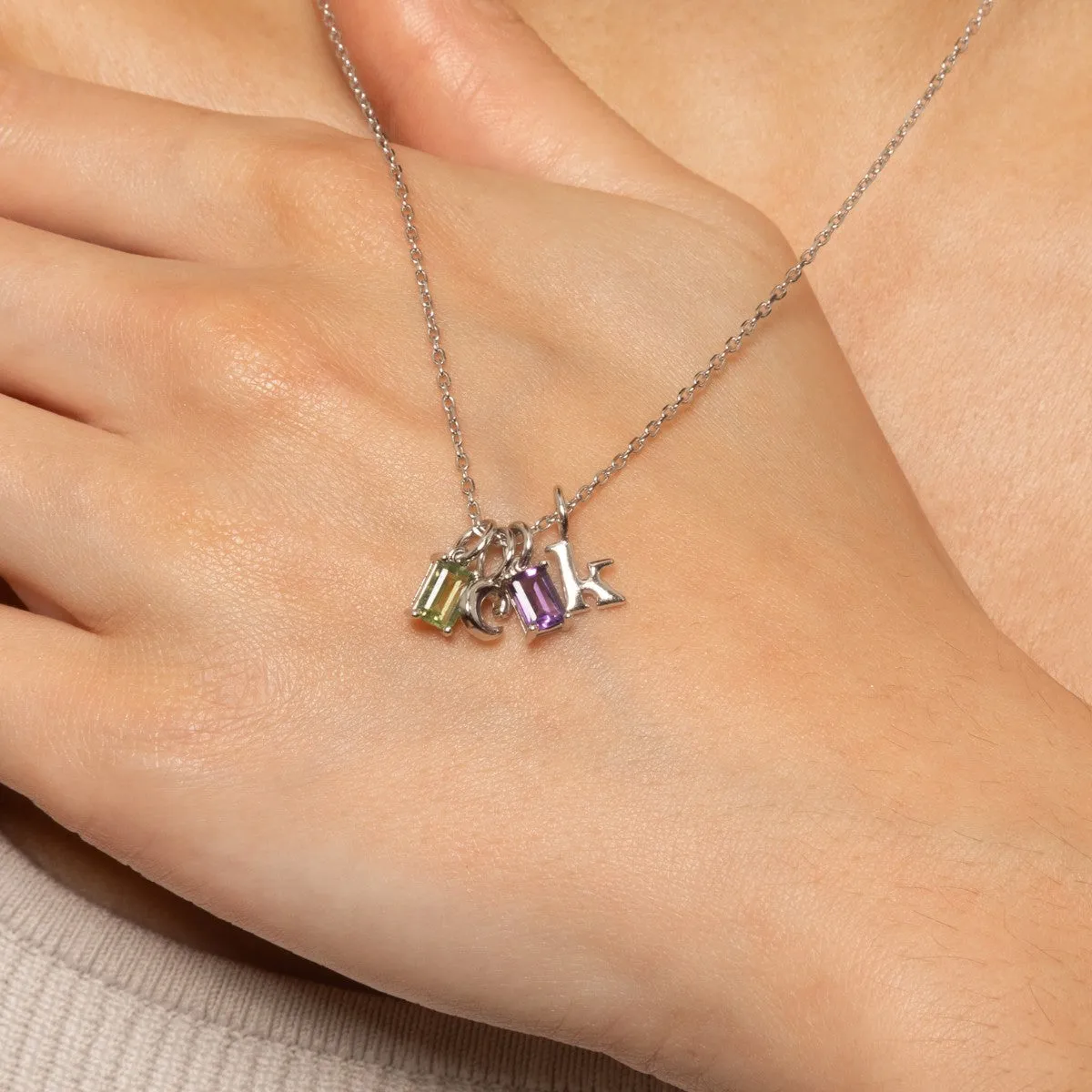 Two Birthstone Two Initial Silver Necklace