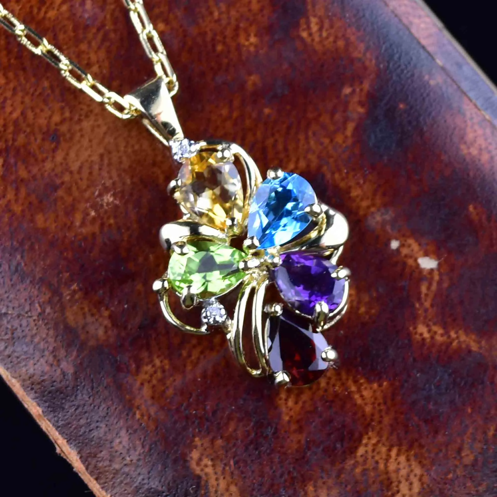 Vintage 10K Gold Multi Stone Pendant Necklace