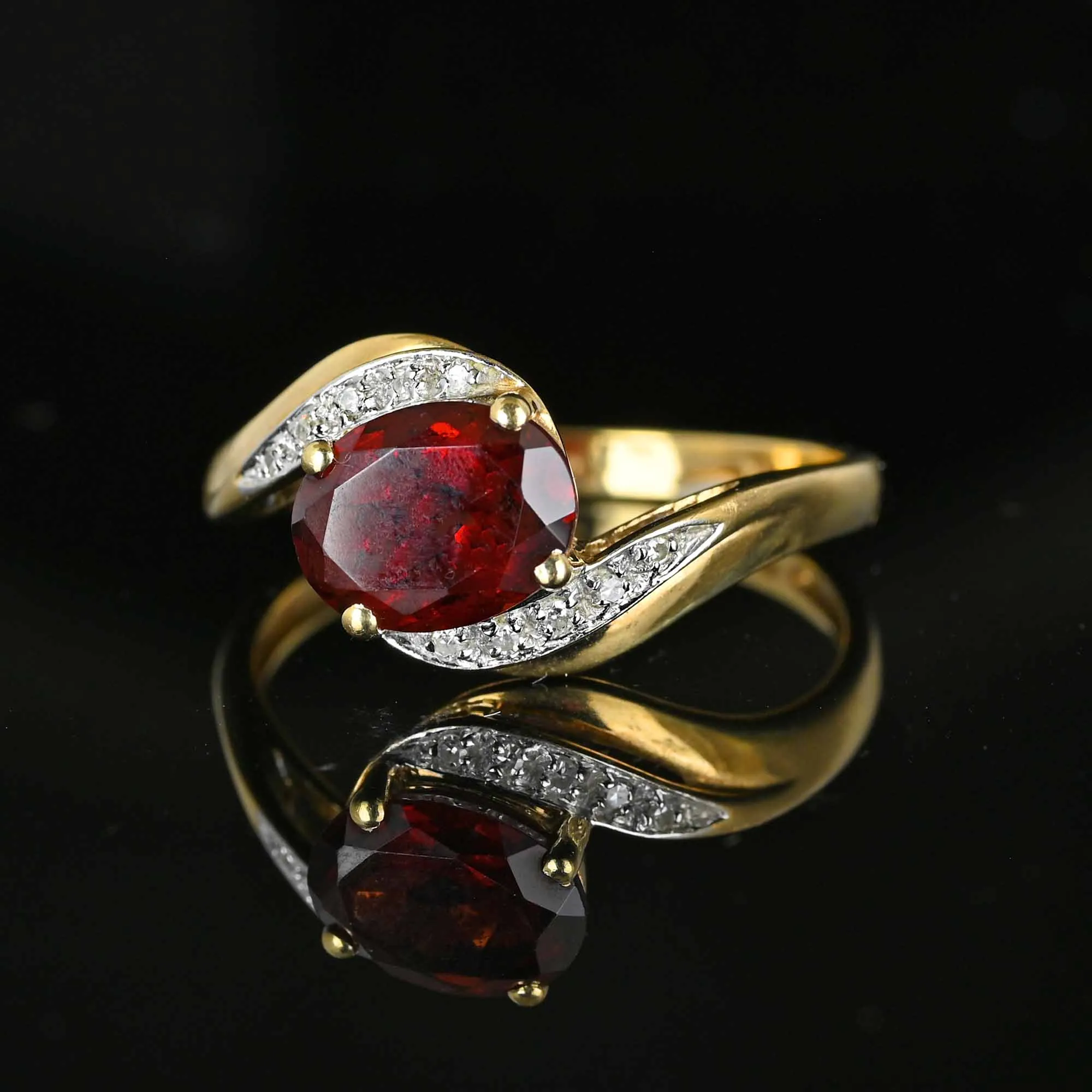 Vintage English Gold Garnet Diamond Bypass Ring