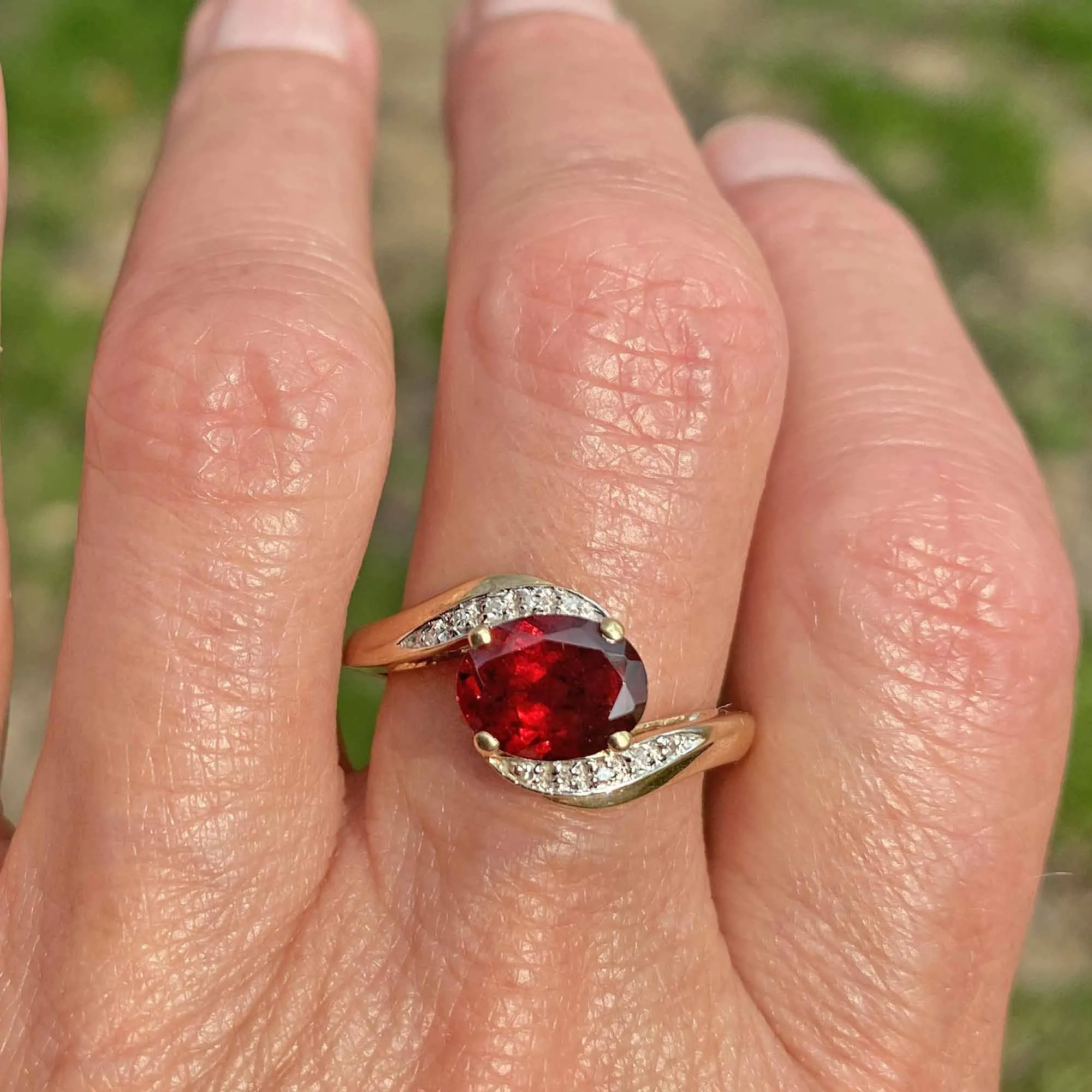 Vintage English Gold Garnet Diamond Bypass Ring