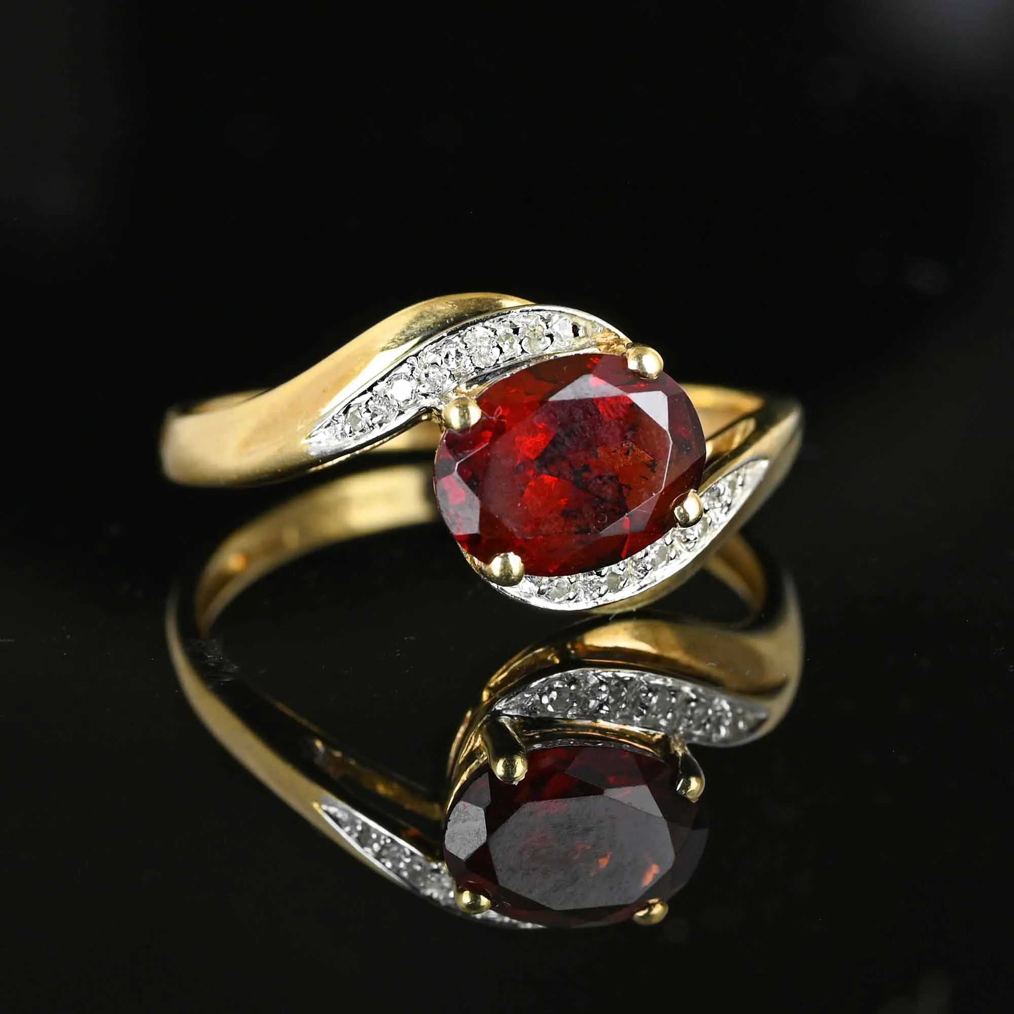 Vintage English Gold Garnet Diamond Bypass Ring