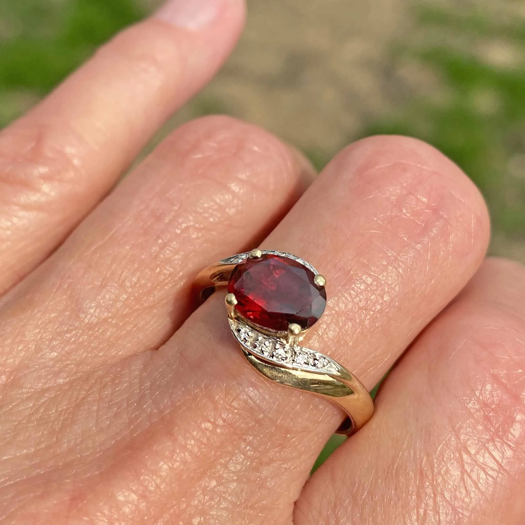 Vintage English Gold Garnet Diamond Bypass Ring