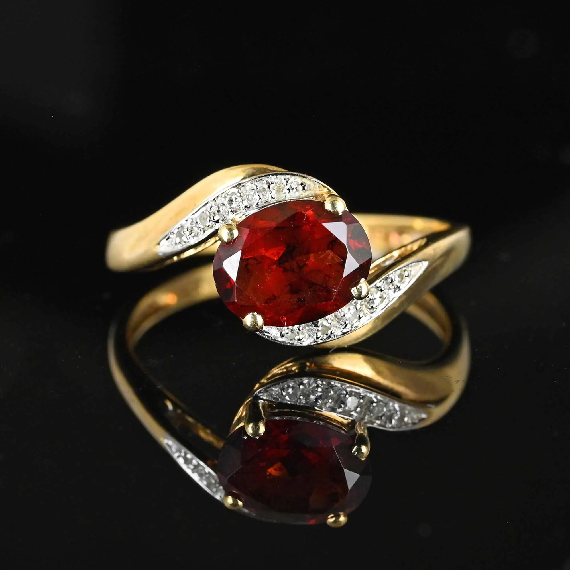 Vintage English Gold Garnet Diamond Bypass Ring