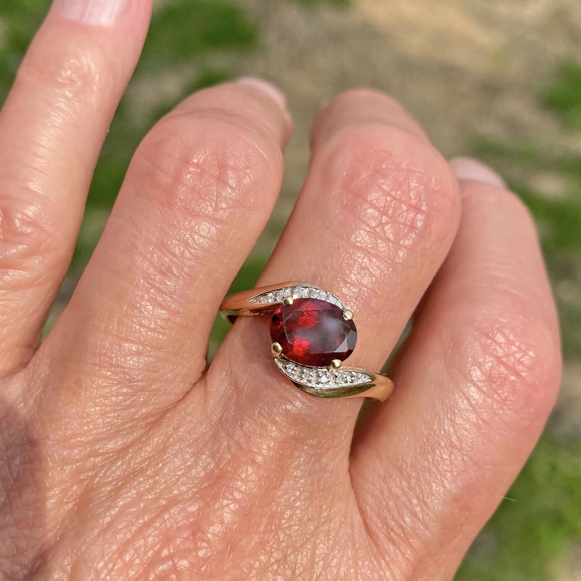 Vintage English Gold Garnet Diamond Bypass Ring