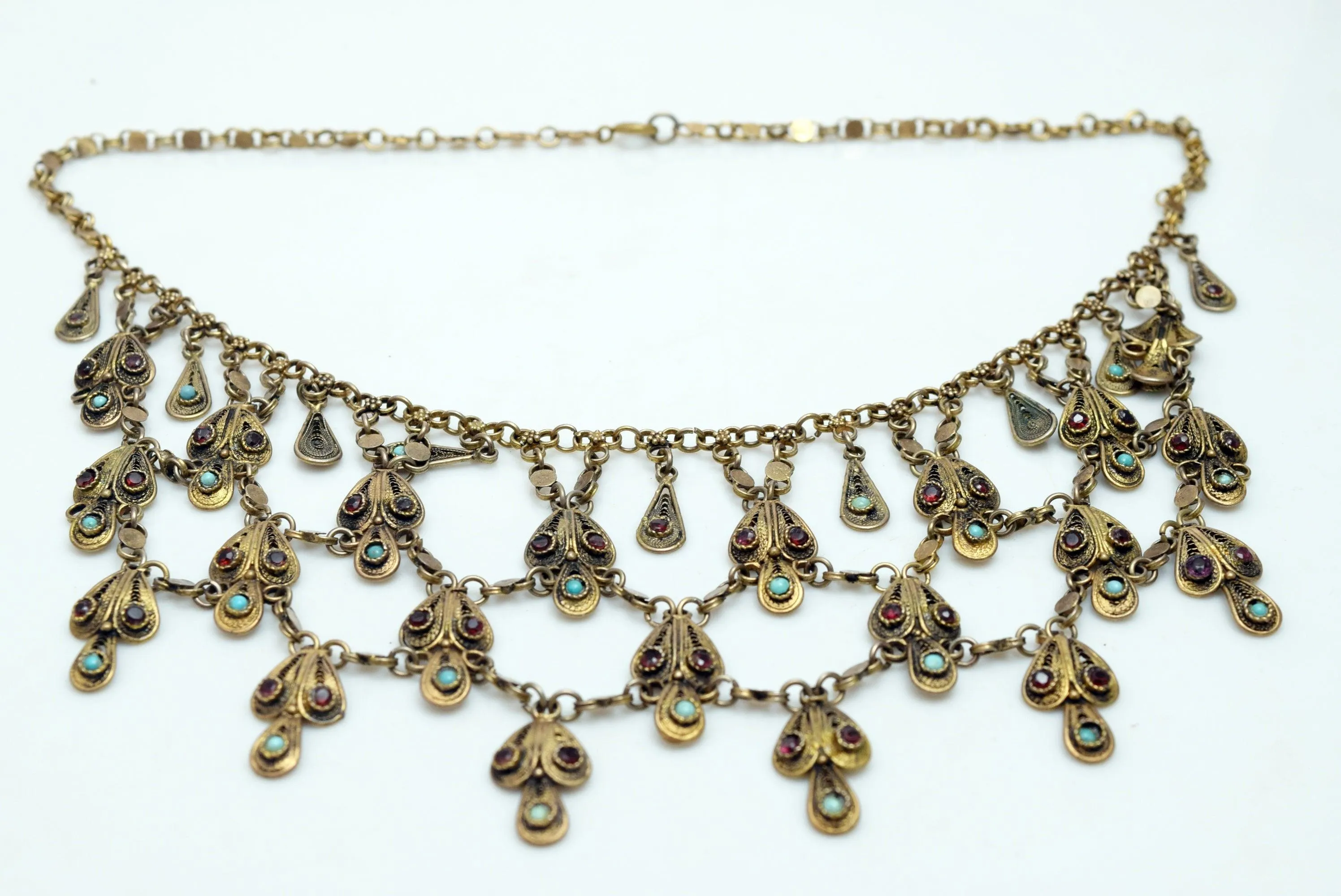 Vintage Middle Eastern Fine Gold Gilt Silver Filigree Bib Necklace