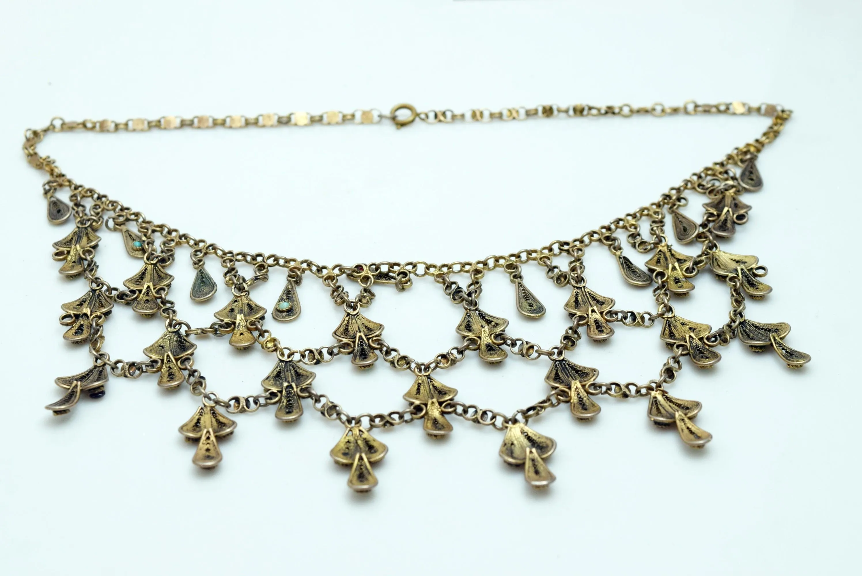 Vintage Middle Eastern Fine Gold Gilt Silver Filigree Bib Necklace