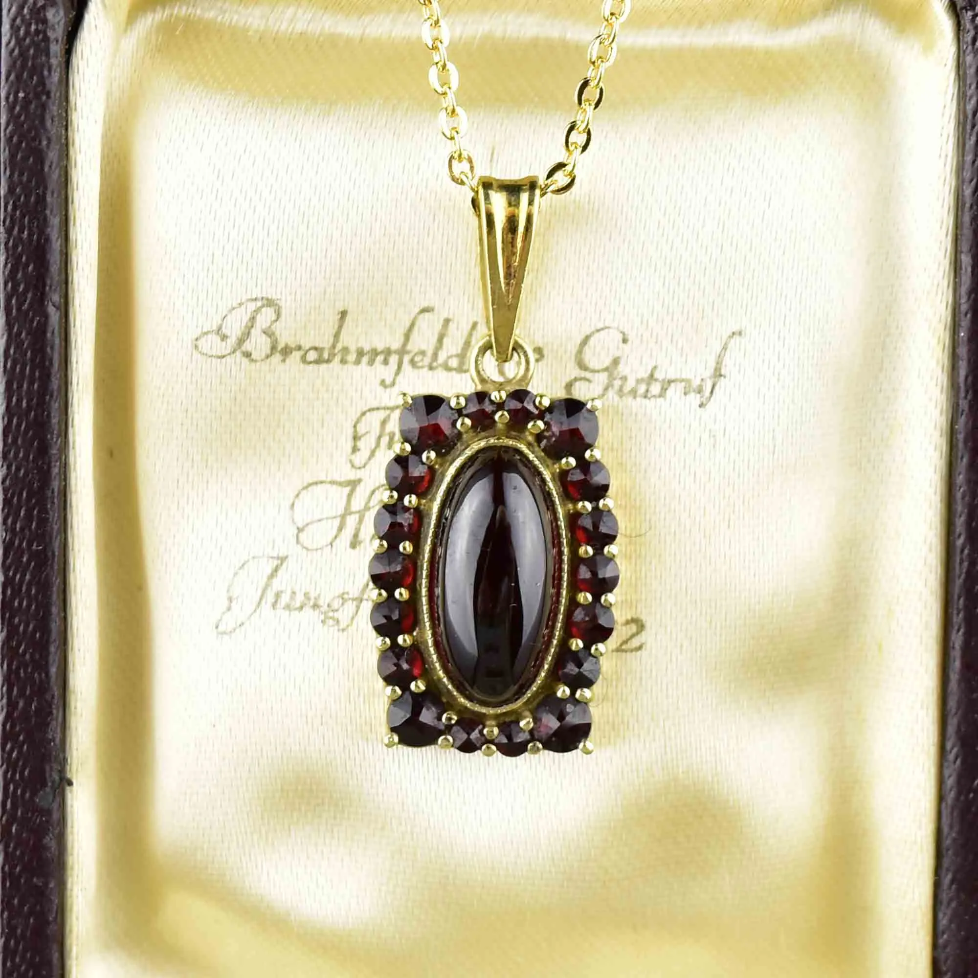 Vintage Oval Garnet Cabochon Halo Pendant Necklace