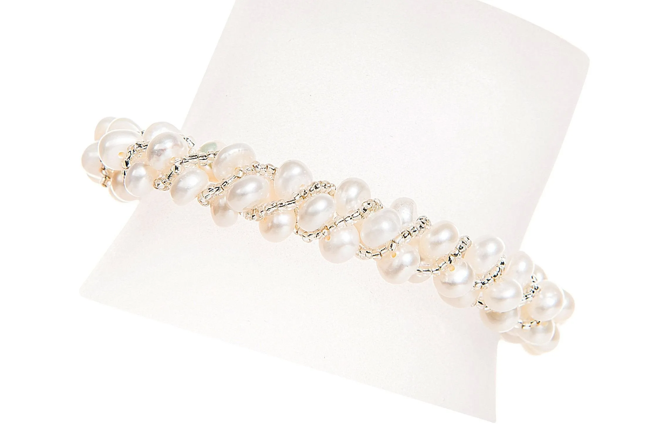 White Multi Strand Braided Freshwater Pearl Necklace and Bracelet Set 6mm