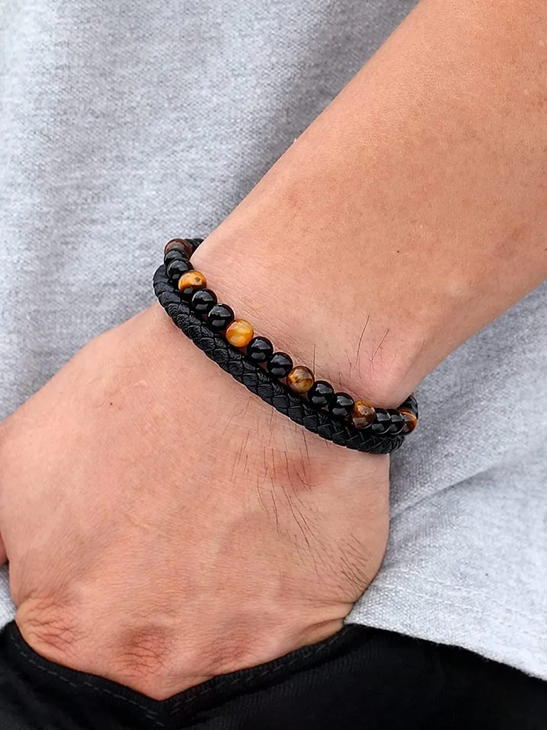 Yellow Chimes Bracelet For Men Black and Orange Beaded Stretchable Bracelet For Men and Boys